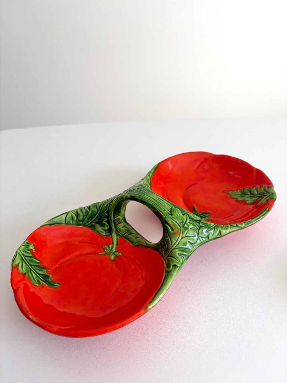 Vintage Japan Tomato Double Serving Dish Leaf Handle Tomato Girl